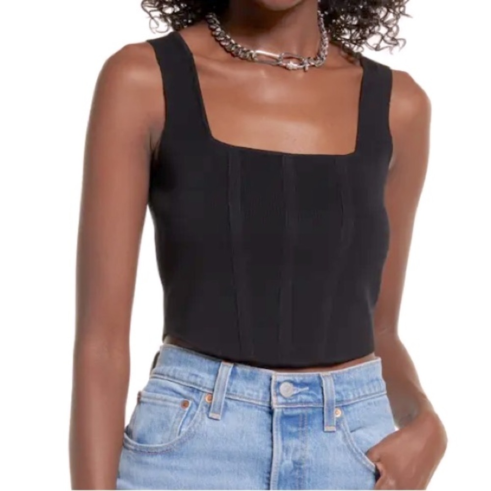 NWT Open Edit Corset Crop Sweater Tank In Black Knit Stretch Sz XS